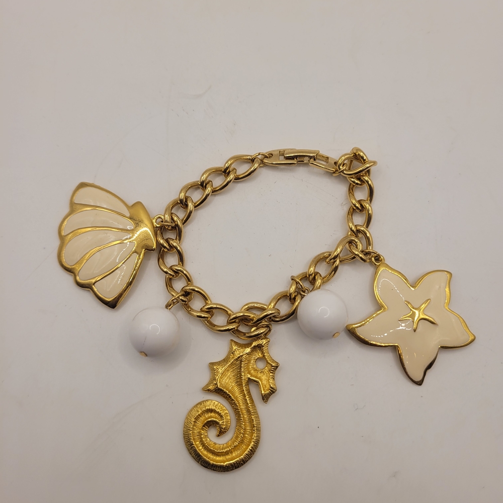 Vintage NAPIER Gold Enamel Sea Charm Link Chain Designer Bracelet